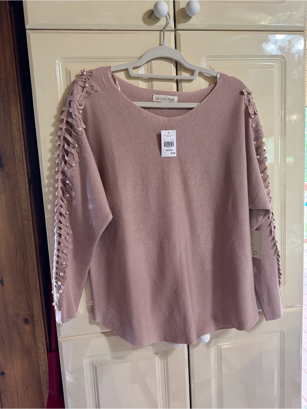 Cactus Blush Pink Off-the-Shoulder Knit Sweater with Lace-Up Sleeve Detail